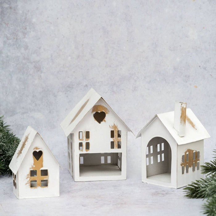 Bluebell White & Gold Brushed Effect House Tealight Holder