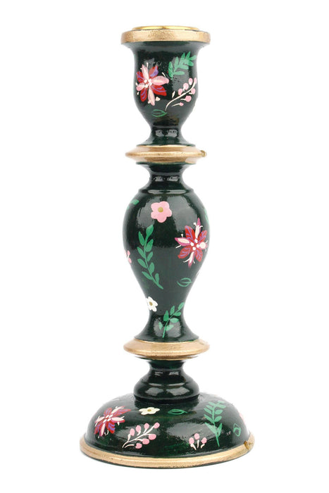 GREEN CANDLESTICK HOLDER - Hand-Painted Wooden Candle Holders 2 sizes