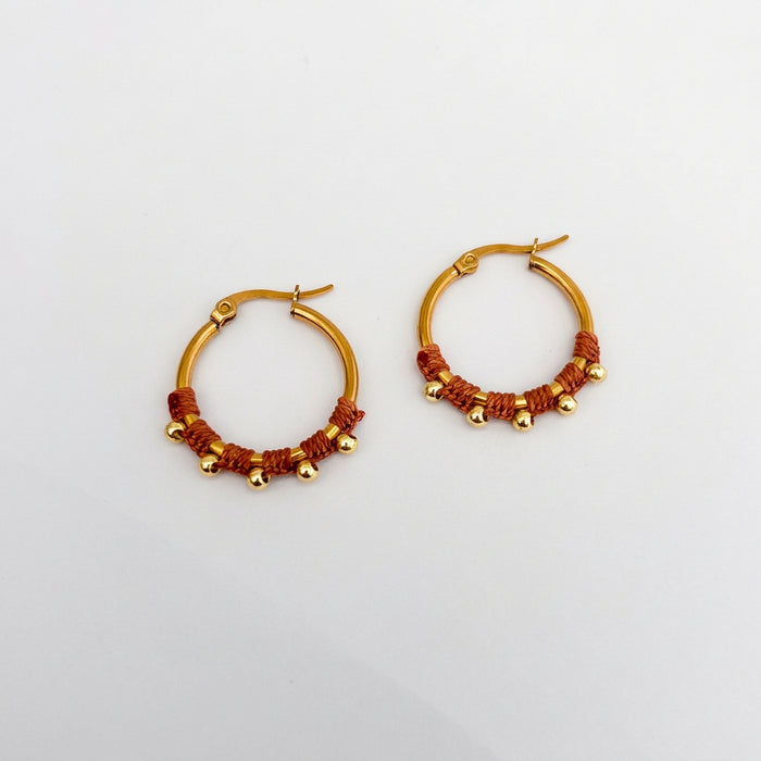 18ct Gold Plated Mocha Macramé Hoop Earrings with Gold Beads | 2.5cm Jewellery Gift