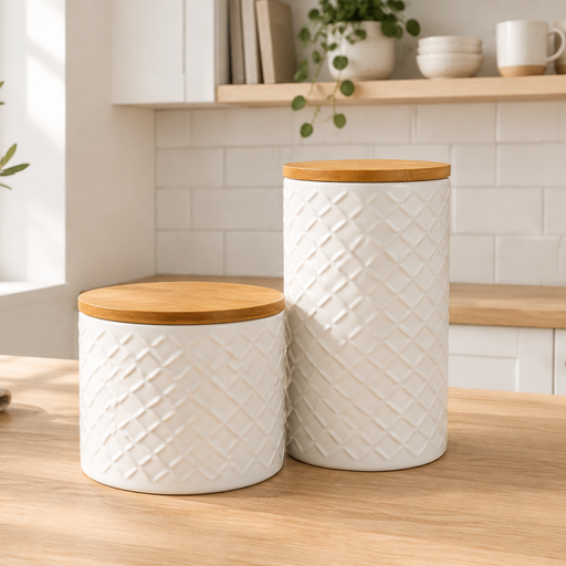 Two white textured ceramic canisters with light wood lids, displayed on a wooden kitchen countertop.