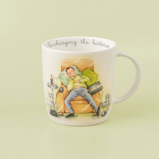 Man Friend Mug -Re-Charging The Batteries- Berni Parker Bone China Mug, Designed and Made in the UK