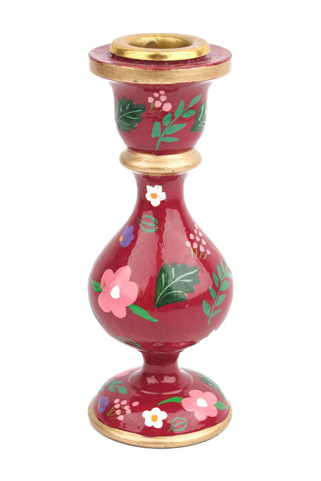 BURGUNDY LARGE CANDLESTICK HOLDER - Hand-Painted Wooden Candle Holders