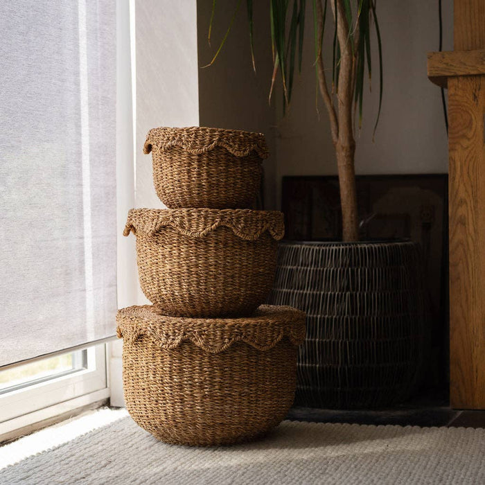 Bangali Seagrass Storage Baskets with Lid – Set of 3 Woven Baskets