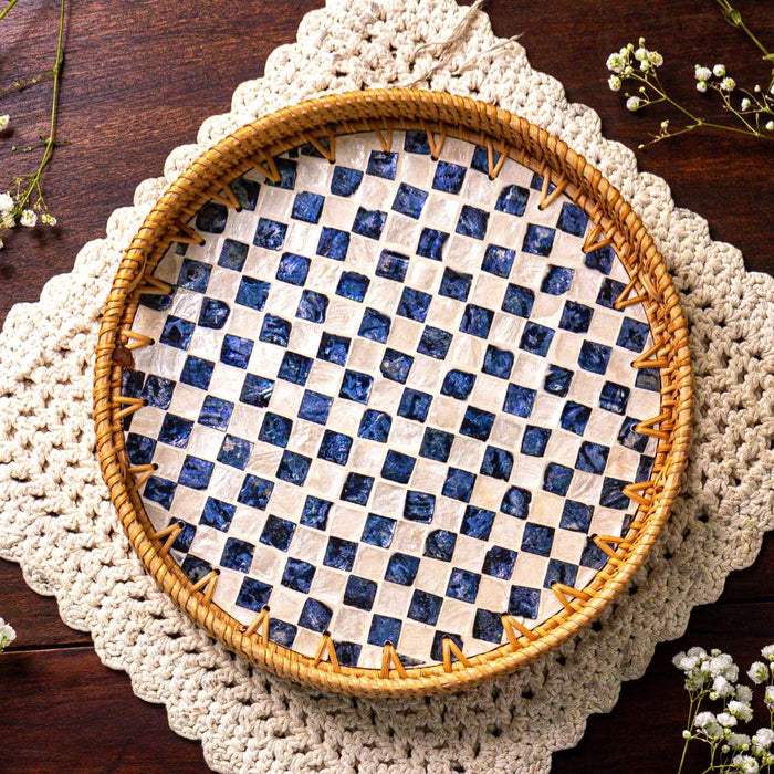 Rattan & Mother of Pearl Serving Tray with Handles – Handwoven Round Tray