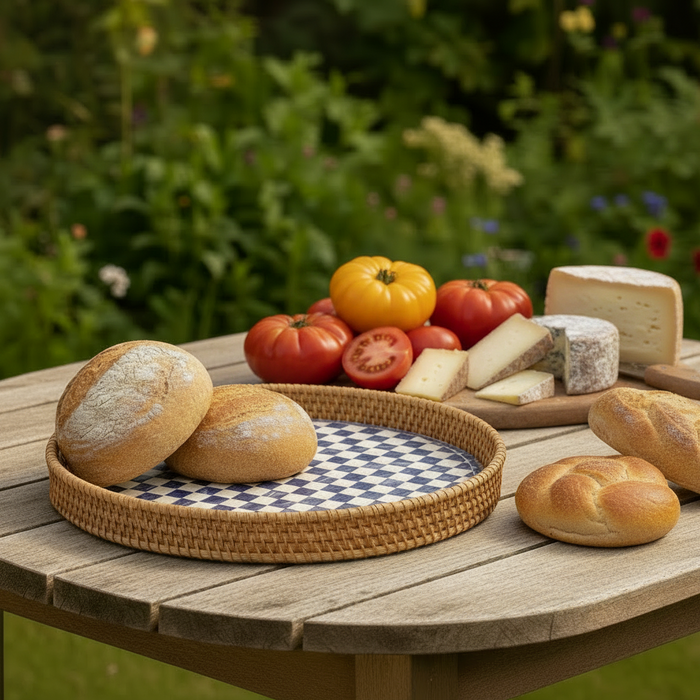 Rattan & Mother of Pearl Serving Tray with Handles – Handwoven Round Tray