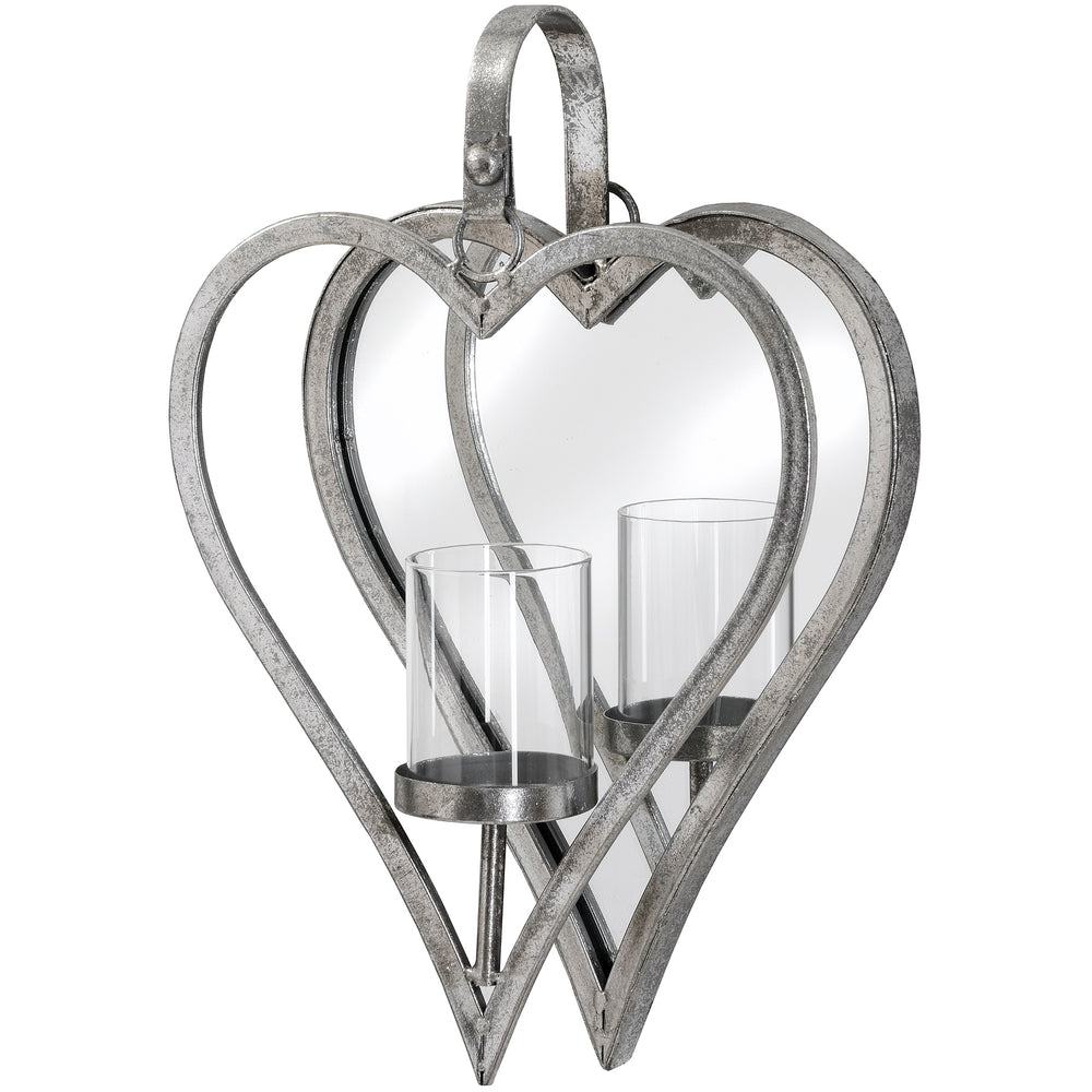 Wall Candle Holder - Small Antique Silver Mirrored Heart Candle Holder