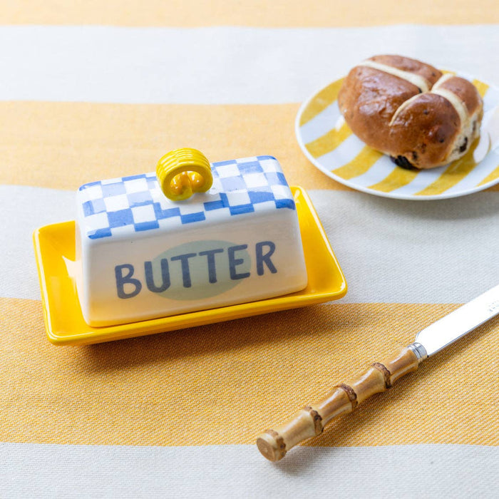 Blue Check Butter Dish – Stoneware Butter Dish with Lid | Bistro Style Kitchen Storage