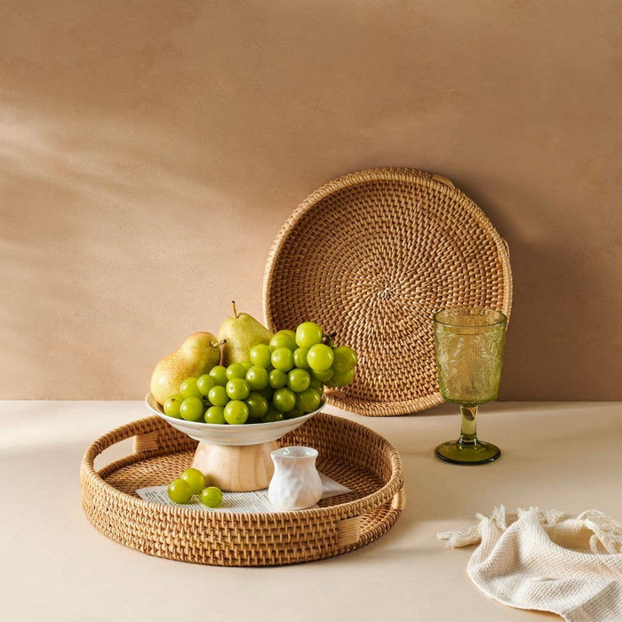 Round Rattan Serving Tray with Handles – Handwoven Natural Tray
