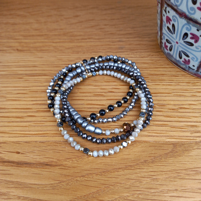Beaded Stretch Bracelet Stack - Silver/Black