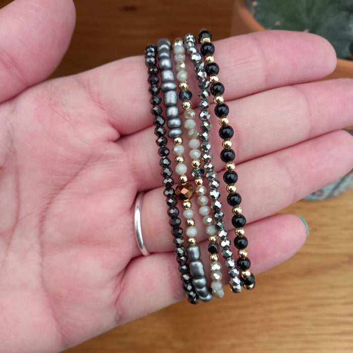 Beaded Stretch Bracelet Stack - Silver/Black
