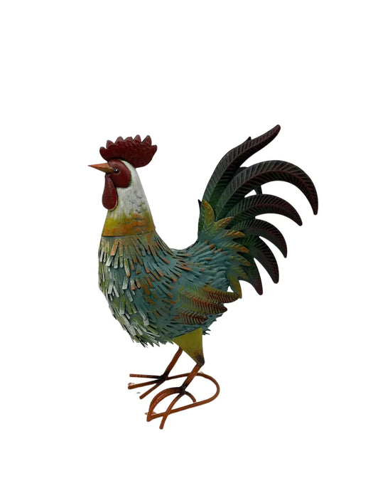 Garden metal cockerel/ hen blue, white and yellow named Noah measuring 16 x 22 x 45cm - GingerInteriors.co.uk