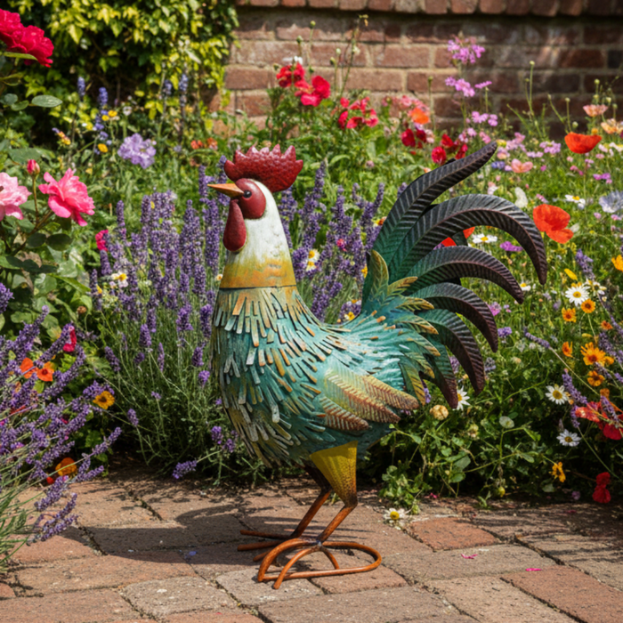 Garden metal cockerel/ hen blue, white and yellow named Noah measuring 16 x 22 x 45cm