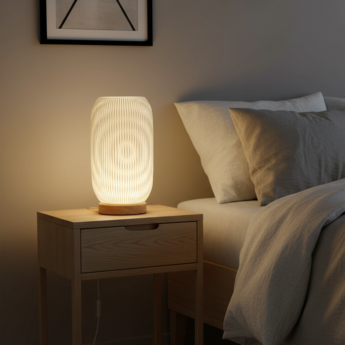 Decorative USB Lamp - Twisted Ribbed Circular New Wave Light - Dimmable Ambient Light with Wooden Base