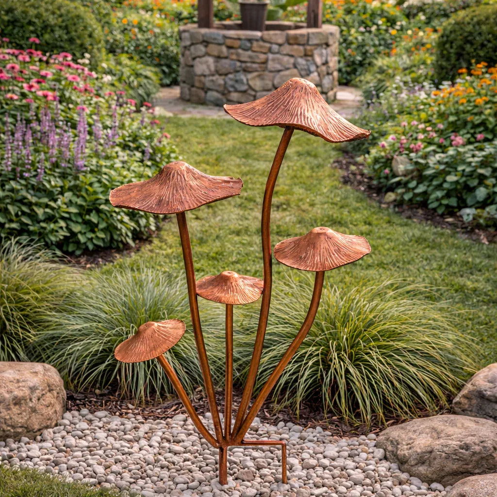 Handmade Powder Coated Bronze Mushrooms Stake 75cm - GingerInteriors.co.uk