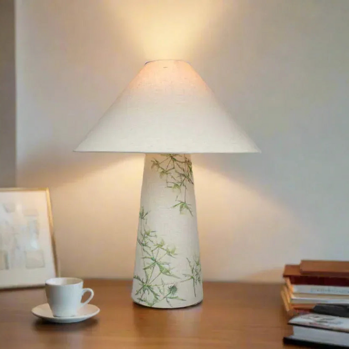 Green Thistles | Fabric Lamp | With Cone Shade | 43cm - GingerInteriors.co.uk