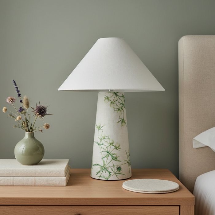 Green Thistles | Fabric Lamp | With Cone Shade | 43cm