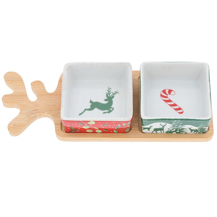 Christmas Antler Serving Tray with 2 Bowls | Festive Snack Set with Square or Round Bowls