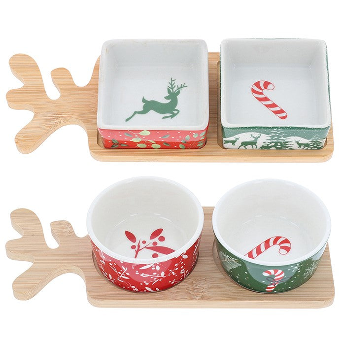Christmas Antler Serving Tray with 2 Bowls | Festive Snack Set with Square or Round Bowls
