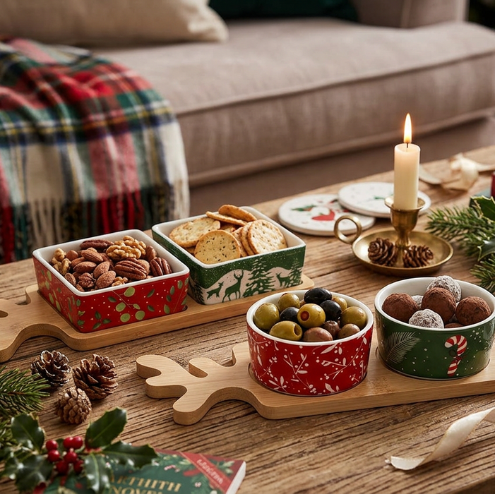 A styled holiday tabletop scene with several Christmas-themed ceramic bowls filled with nuts, crackers, olives, and chocolates, arranged on wooden trays beside a lit candle, pinecones, holly, and a sofa in the background.