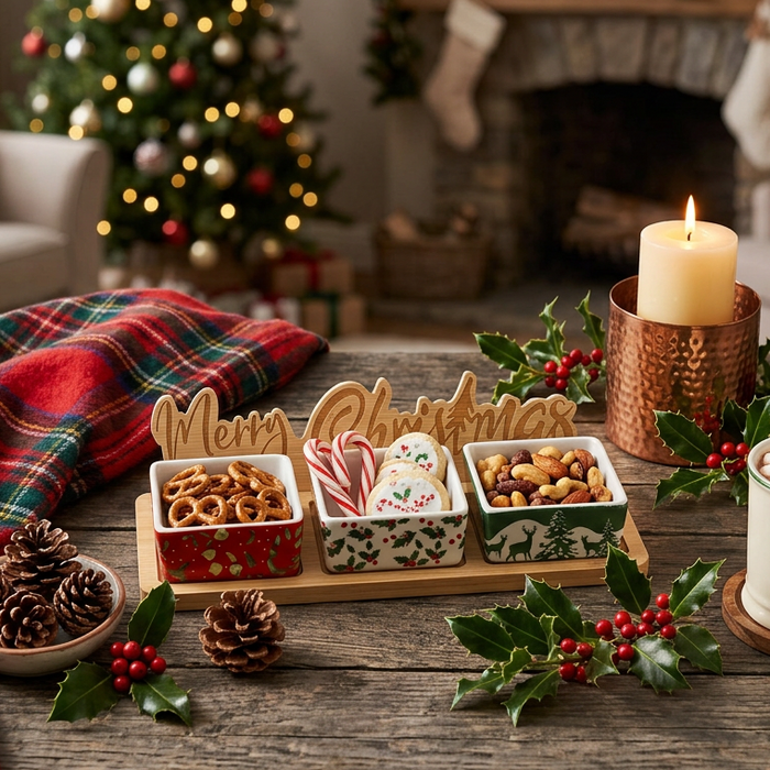 A festive holiday snack tray displayed on a rustic wooden table in a cozy living room setting. The tray holds three square ceramic bowls with Christmas designs (red patterned pretzels, candy canes, and nuts), surrounded by holly, pinecones, a lit candle, and a blurred Christmas tree in the background.