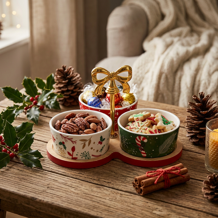 Christmas Wooden Serving Platter with 3 Ceramic Bowls | Gold Bow Handle Festive Snack Set