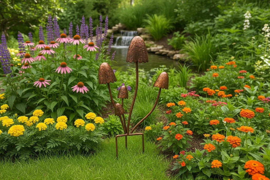 Handmade bronze powder coated mushrooms stake 80cm - GingerInteriors.co.uk