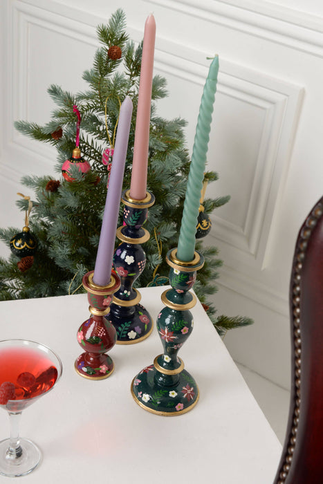 GREEN CANDLESTICK HOLDER - Hand-Painted Wooden Candle Holders 2 sizes