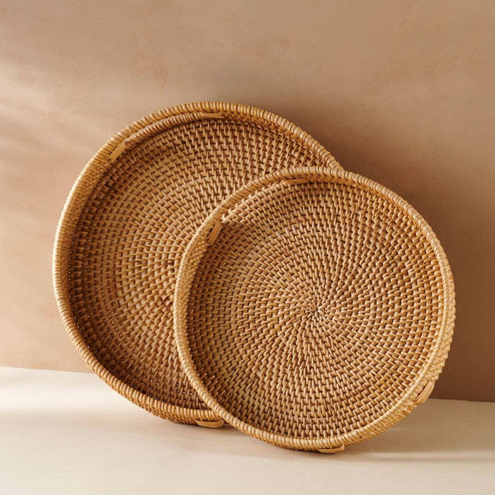 Round Rattan Serving Tray with Handles – Handwoven Natural Tray