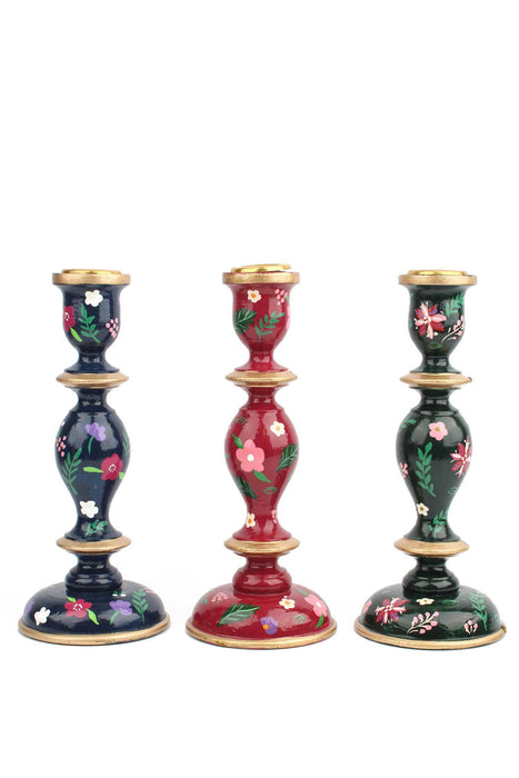 BURGUNDY LARGE CANDLESTICK HOLDER - Hand-Painted Wooden Candle Holders