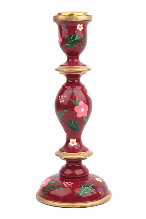 BURGUNDY LARGE CANDLESTICK HOLDER - Hand-Painted Wooden Candle Holders