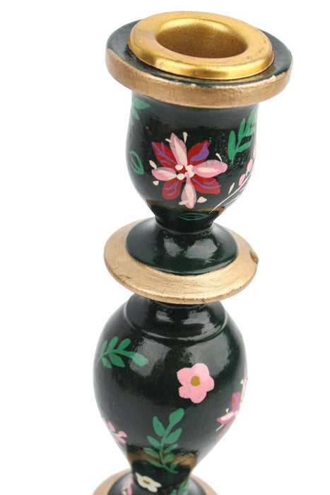 GREEN CANDLESTICK HOLDER - Hand-Painted Wooden Candle Holders 2 sizes