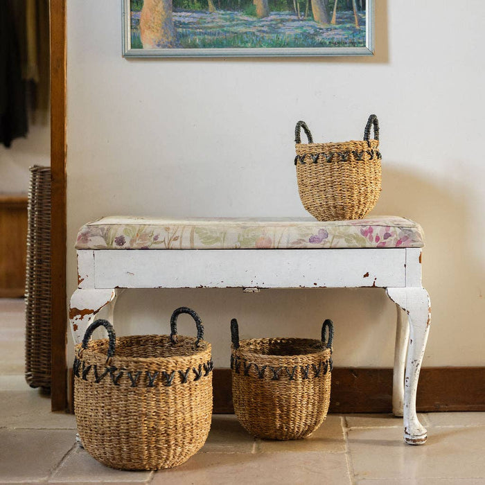 Haora Seagrass Baskets Set of 3 with Black Detail | Handwoven Natural Storage