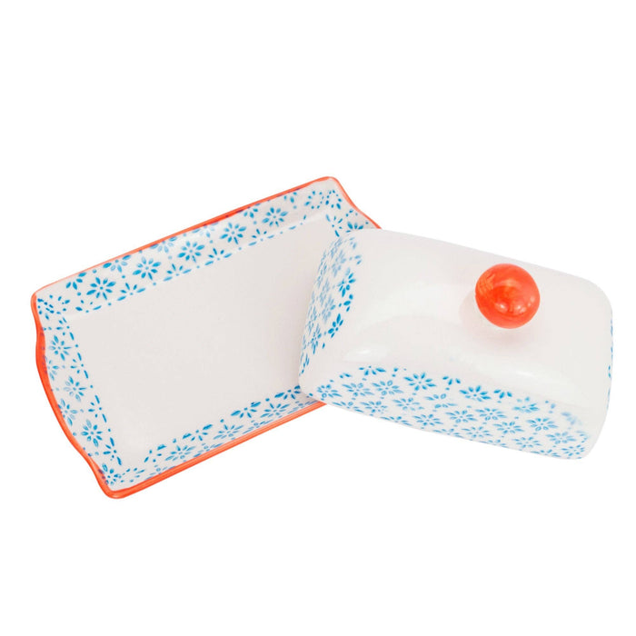 Nicola Spring Patterned Butter Dish with Lid Blue and Orange