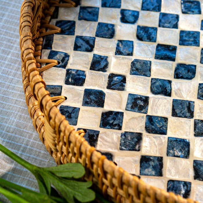 Rattan & Mother of Pearl Serving Tray with Handles – Handwoven Round Tray