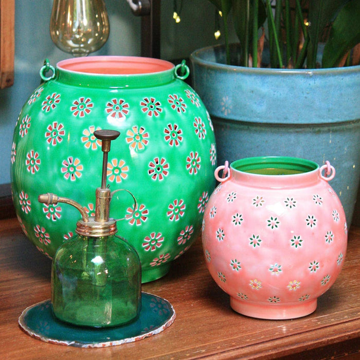 Metal Green & Pink Geometric Flower Lantern | Large |
