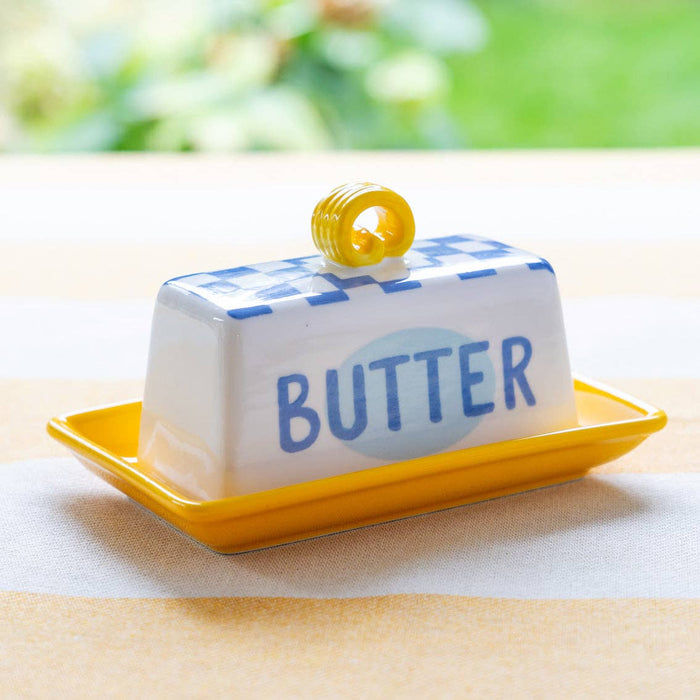 Blue Check Butter Dish – Stoneware Butter Dish with Lid | Bistro Style Kitchen Storage