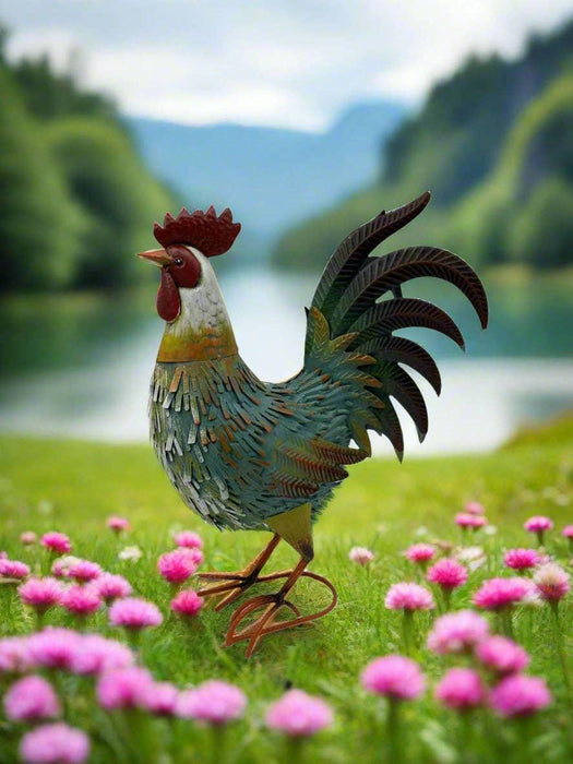 Garden metal cockerel/ hen blue, white and yellow named Noah measuring 16 x 22 x 45cm - GingerInteriors.co.uk