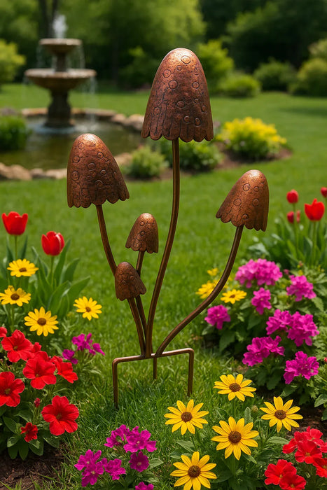 Handmade bronze powder coated mushrooms stake 80cm - GingerInteriors.co.uk