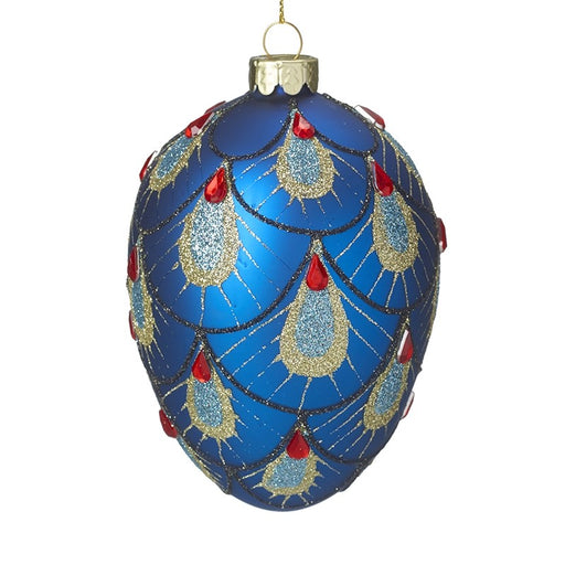 Gold & Blue Peacock Decorated Glass Hanging Egg