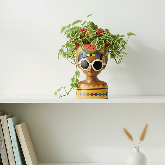Melon and Blue Bird Hat Lady Pot with Oversized Sunglasses