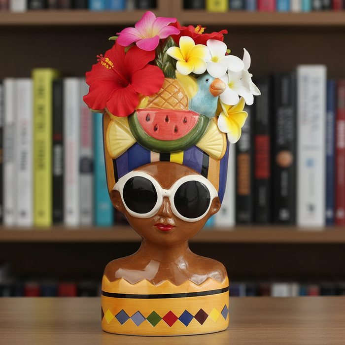 Decorative figurine with colorful design on a wooden surface with bookshelf in the background