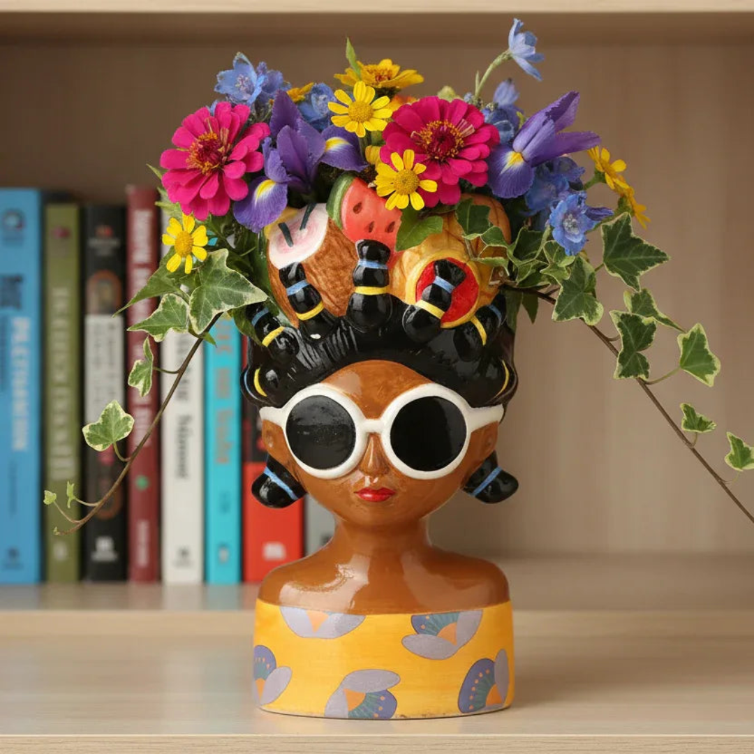 Pineapple Melon Hat Lady Pot with Oversized Sunglasses - GingerInteriors.co.uk