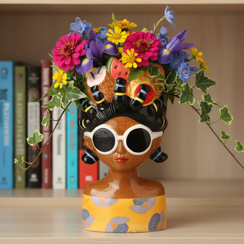 Decorative vase shaped like a woman's head with flowers on a bookshelf background