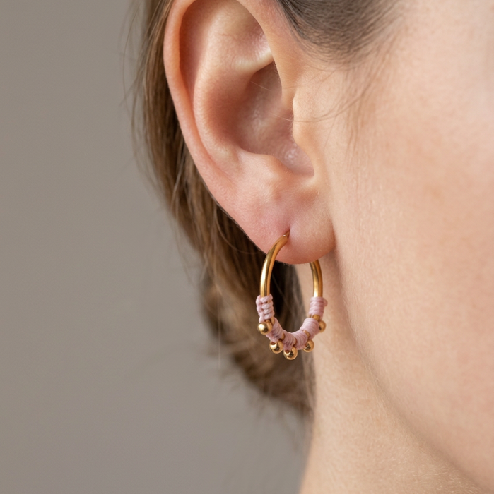 18ct Gold Plated Lilac Macramé Hoop Earrings with Gold Beads | 2.5cm Jewellery Gift
