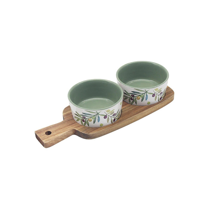 Olive Grove Set of 2 Snack Dishes on a Olive wood Tray