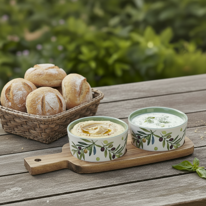 Olive Grove Set of 2 Snack Dishes on a Olive wood Tray