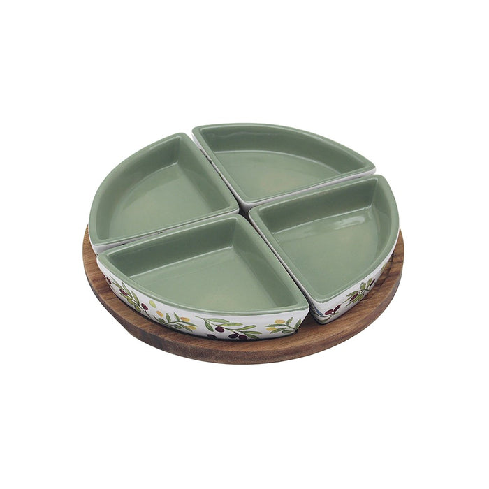 Olive Grove Set of 4 Snack Dishes on a Round Olive wood Tray