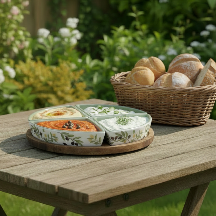 Olive Grove Set of 4 Snack Dishes on a Round Olive wood Tray
