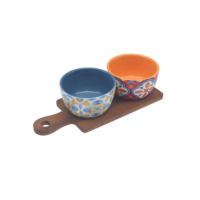 Set of 2 Tuscany Ceramic Bowls on Wooden Tray with Handle