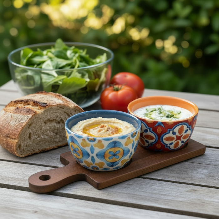 Set of 2 Tuscany Ceramic Bowls on Wooden Tray with Handle
